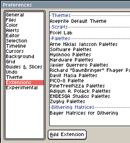 The preferences window with the extensions tab selected